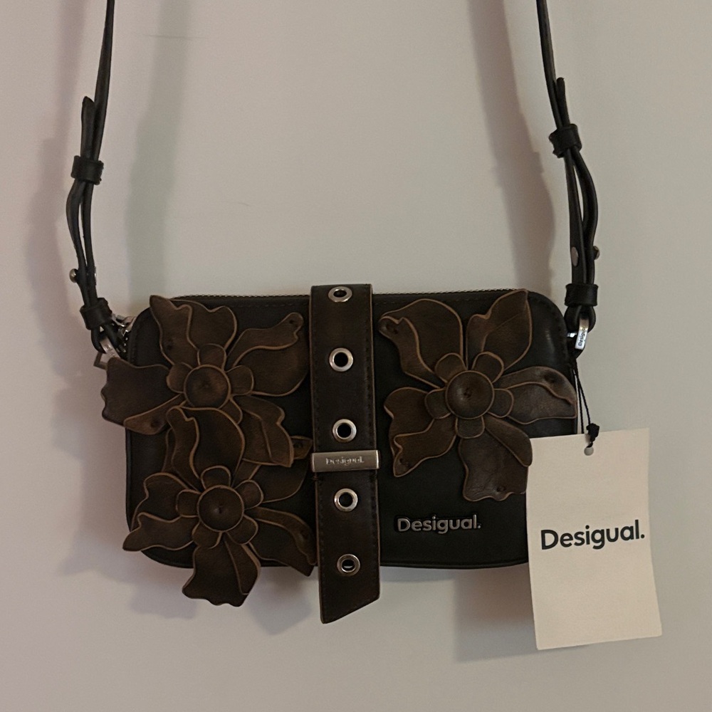 Desigual black and brown floral leather crossbody bag
